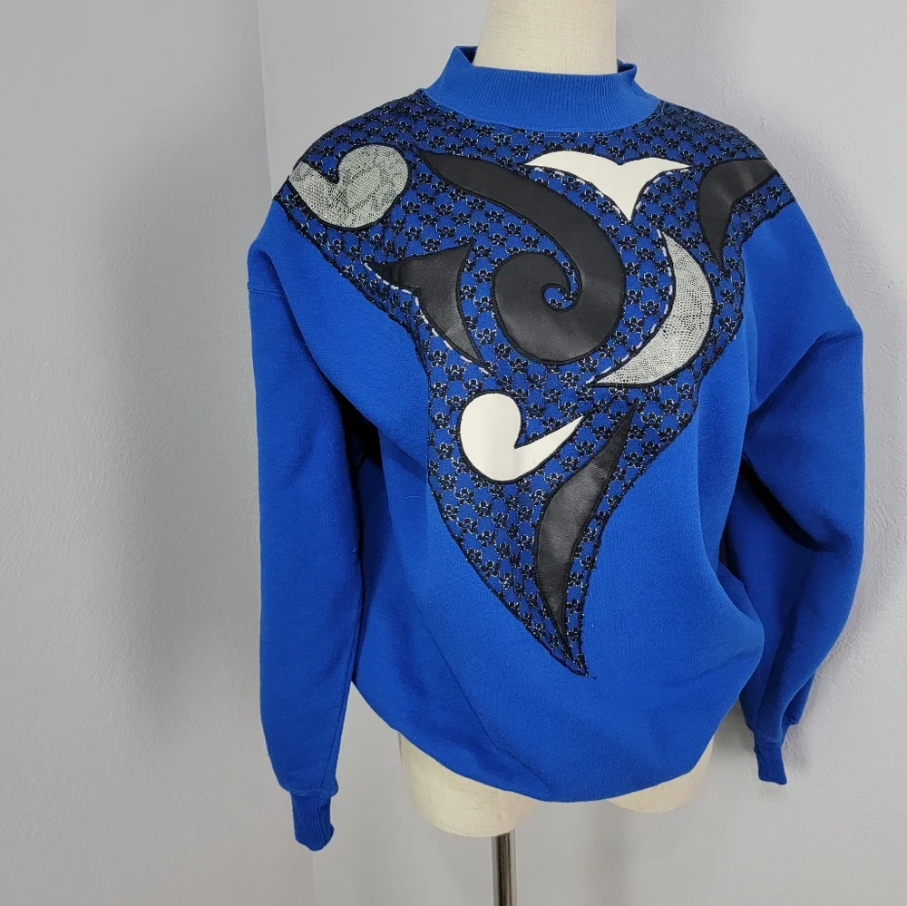 Vintage 80s Extravagannza Mock Neck Abstract Royal Blue Sweatshirt Size Large - Picture 7 of 17